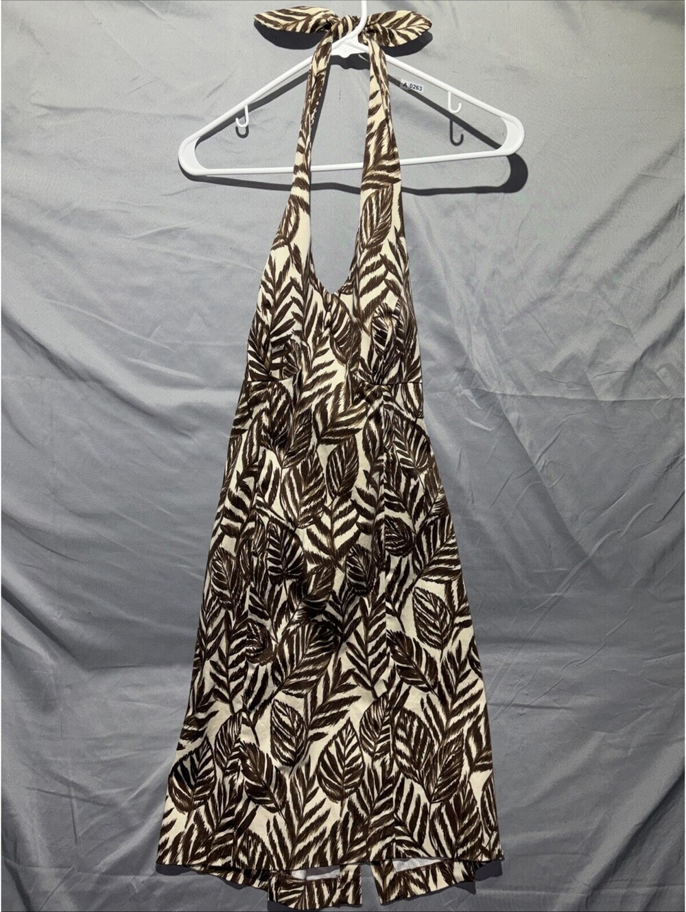 Jones New York Signature Dress Womens 10 Brown Leaf Print Halter V Neck Tie Back